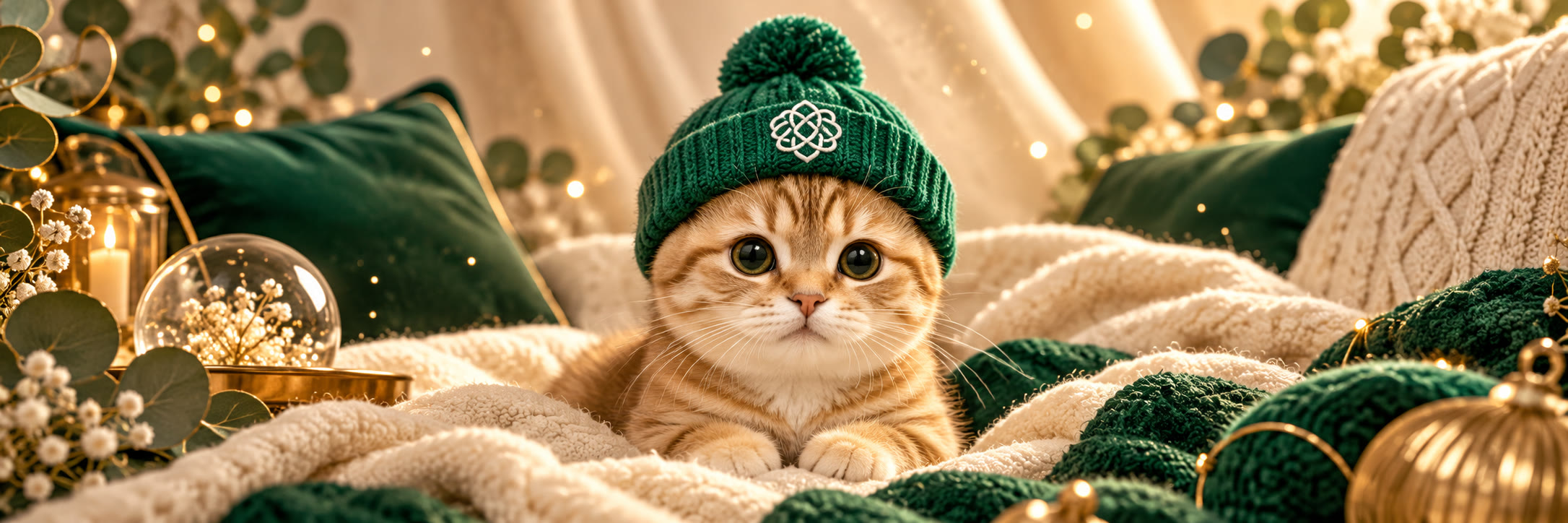 CATGPT, a ginger kitten in a green beanie, nested in blankets